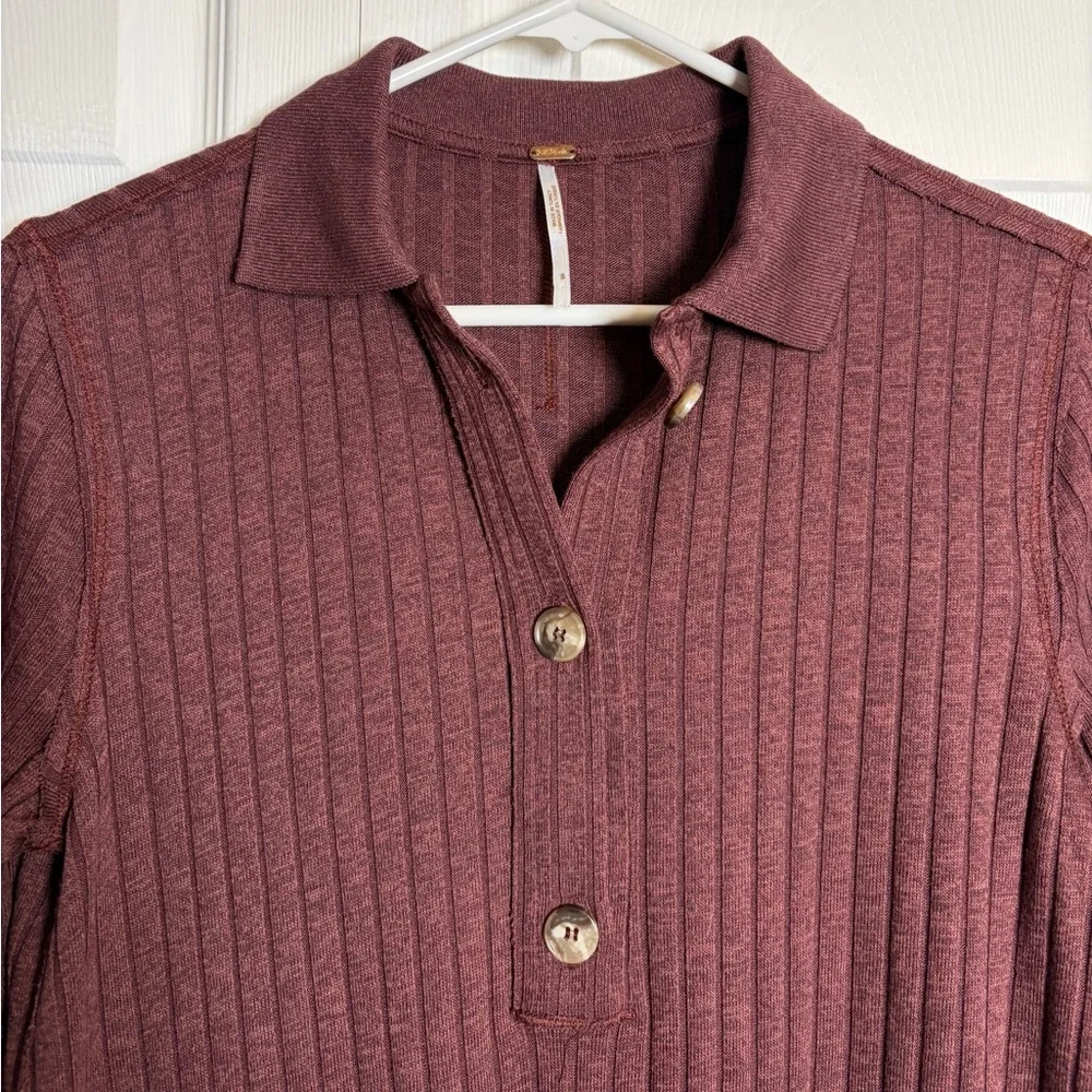 Free People Knit Top Heart Strings Short Sleeve Ribbed Shirt Mahogany Size Small - Picture 5 of 10